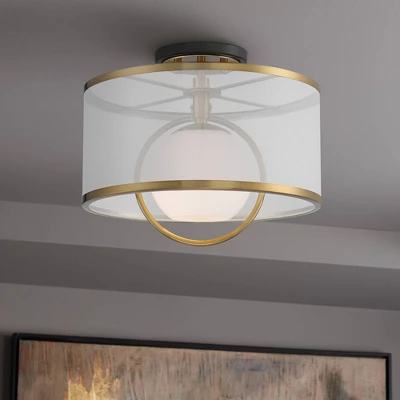 Possini Euro Design Carlyn Modern Art Deco Ceiling Light Semi Flush Mount Fixture 14" Wide Warm Brass Black Orb Organza Drum Shade For Bedroom Kitchen