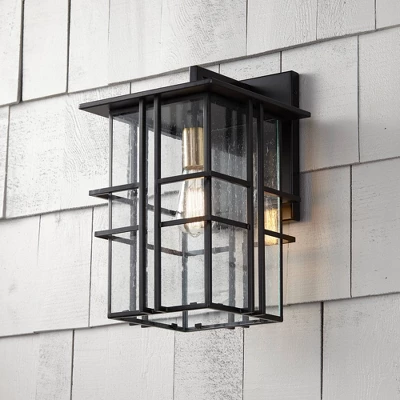 Possini Euro Design Arley Modern Industrial Outdoor Wall Light Fixtures Set Of 2 Black 16" Seedy Glass For Post Exterior Barn Deck House - Image 5