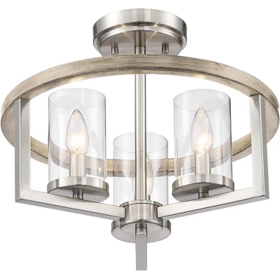 Possini Euro Design Senna Modern Industrial Ceiling Light Semi Flush Mount Fixture 15" Wide Brushed Nickel Gray Wood 3-Light Clear Glass For Bedroom - Image 4