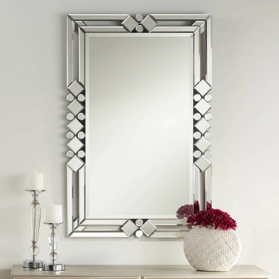 Possini Euro Design Clafia Rectangular Vanity Wall Mirror Modern Beveled Edge Clear Diamond Mirrored Frame 26" Wide For Bathroom Bedroom Living Room