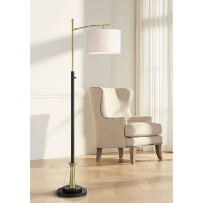 Possini Euro Design Modern Downbridge Floor Lamp 64" Tall Black Brass Metal Linen Drum Shade For Living Room Reading Bedroom Home