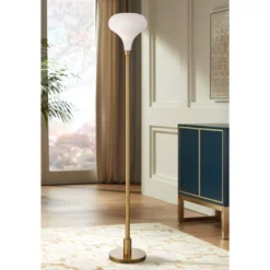 Possini Euro Design Cecil Modern Industrial Torchiere Floor Lamp 71" Tall Warm Gold Metal Opal Glass Shade For Living Room Bedroom Office House Home