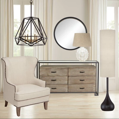 Possini Euro Design Mid Century Modern Floor Lamp 62" Tall Bronze Metal Droplet Off White Cream Cylinder Shade For Living Room Reading - Image 5