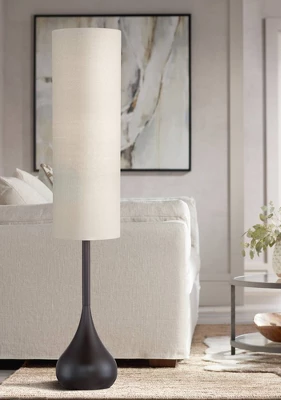 Possini Euro Design Mid Century Modern Floor Lamp 62" Tall Bronze Metal Droplet Off White Cream Cylinder Shade For Living Room Reading