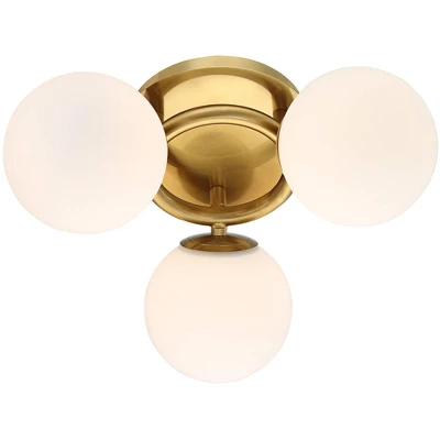 Possini Euro Design Modern Ceiling Light Flush Mount Fixture Brass 18" Wide 3-Light Frosted White Glass Globes Bedroom Living Room - Image 4