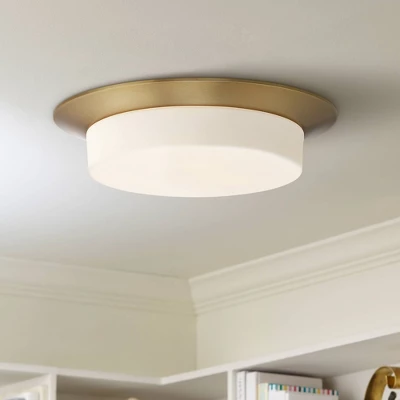Possini Euro Design Melber Modern Ceiling Light Flush Mount Fixture 14" Wide Warm Brass Gold 3-Light Opal White Glass Shade For Bedroom Living Room