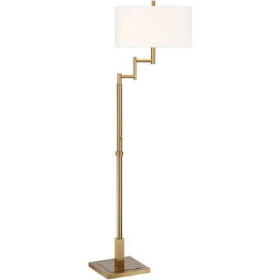 Possini Euro Design Artisan Swing Arm Floor Lamp 62.25" Tall Warm Antique Brass Linen Drum Shade For Living Room Reading Bedroom Office - Image 7