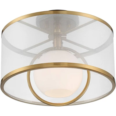 Possini Euro Design Carlyn Modern Art Deco Ceiling Light Semi Flush Mount Fixture 14" Wide Warm Brass Black Orb Organza Drum Shade For Bedroom Kitchen - Image 4