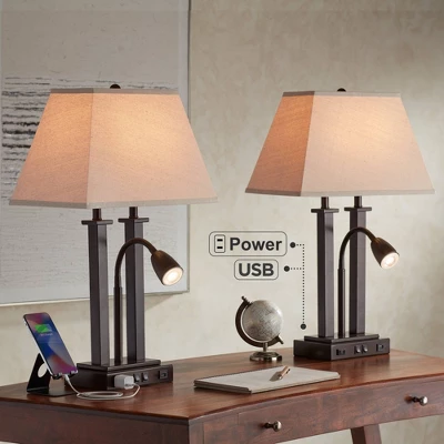 Possini Euro Design Possini Euro Deacon Bronze Gooseneck Lamps With USB And Outlet Set Of 2