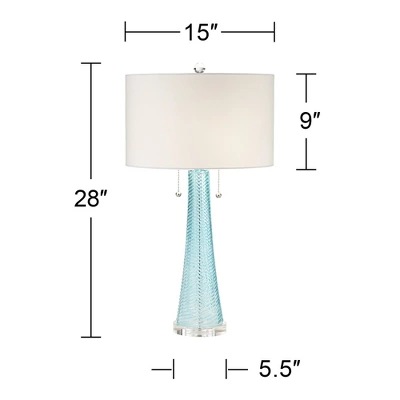 Possini Euro Design Modern Table Lamps 28.5" Tall Set Of 2 Light Sky Blue Fluted Glass White Drum Shade For Living Room Bedroom Office Family - Image 5