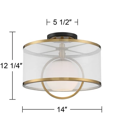 Possini Euro Design Carlyn Modern Art Deco Ceiling Light Semi Flush Mount Fixture 14" Wide Warm Brass Black Orb Organza Drum Shade For Bedroom Kitchen - Image 7