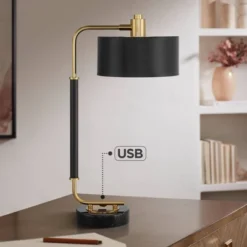 Possini Euro Design Myles Modern Mid Century Desk Lamp 24" High Black Gold With Dual USB Charging Ports Metal Drum Shade For Bedroom Living Room Home