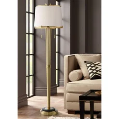 Possini Euro Design Palisade Modern Floor Lamp 64" Tall Satin Brass Metal Trimmed Fabric Tapered Drum Shade For Living Room Bedroom Office House Home