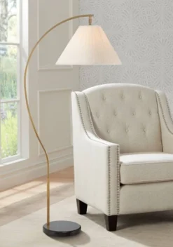 Possini Euro Design Modern Art Deco Arc Floor Lamp 64 1/2" Tall Warm Gold Metal Pleated Fabric Cone Shade For Living Room Reading Family Bedroom House