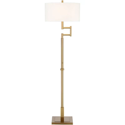 Possini Euro Design Artisan Swing Arm Floor Lamp 62.25" Tall Warm Antique Brass Linen Drum Shade For Living Room Reading Bedroom Office - Image 8