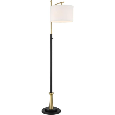 Possini Euro Design Modern Downbridge Floor Lamp 64" Tall Black Brass Metal Linen Drum Shade For Living Room Reading Bedroom Home - Image 6