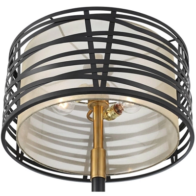 Possini Euro Design Halifax Modern Industrial Floor Lamp 64 1/2" Tall Matte Black Warm Gold Metal Double Drum Shade For Living Room Bedroom Office - Image 3