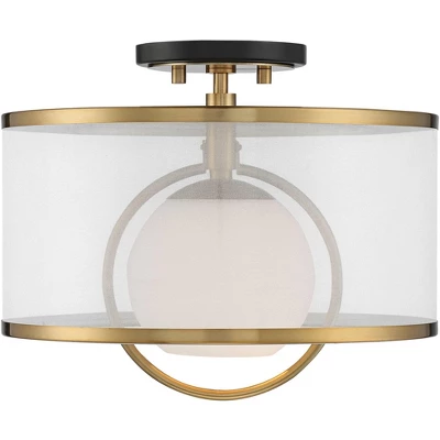 Possini Euro Design Carlyn Modern Art Deco Ceiling Light Semi Flush Mount Fixture 14" Wide Warm Brass Black Orb Organza Drum Shade For Bedroom Kitchen - Image 3