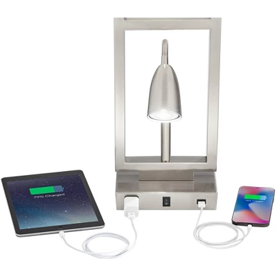 Possini Euro Design Modern Table Lamp With USB Outlet Reading Light LED 29.25" Tall Brushed Nickel Rectangular Off White Shade Bedroom Office - Image 3