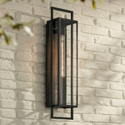 Possini Euro Design Jericho Modern Outdoor Wall Light Fixture Textured Black Steel 28" Clear Glass For Post Exterior Barn Deck House Porch Yard Patio