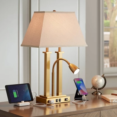 Possini Euro Design Possini Euro Deacon Brass Gooseneck Lamps With USB Port And Outlet Set Of 2 - Image 7