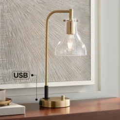 Possini Euro Design Possini Euro Kinzie Desk Lamp With Power Outlet And USB Ports Warm Gold