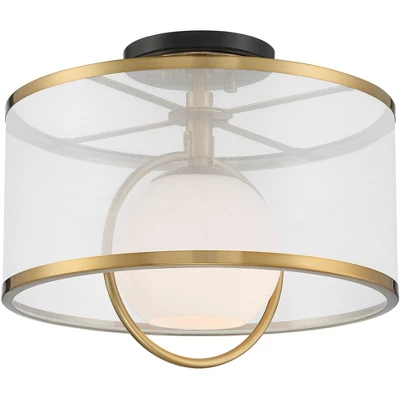 Possini Euro Design Carlyn Modern Art Deco Ceiling Light Semi Flush Mount Fixture 14" Wide Warm Brass Black Orb Organza Drum Shade For Bedroom Kitchen - Image 5