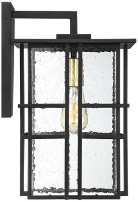 Possini Euro Design Arley Modern Industrial Outdoor Wall Light Fixtures Set Of 2 Black 16" Seedy Glass For Post Exterior Barn Deck House - Image 4