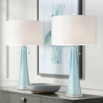 Possini Euro Design Modern Table Lamps 28.5" Tall Set Of 2 Light Sky Blue Fluted Glass White Drum Shade For Living Room Bedroom Office Family