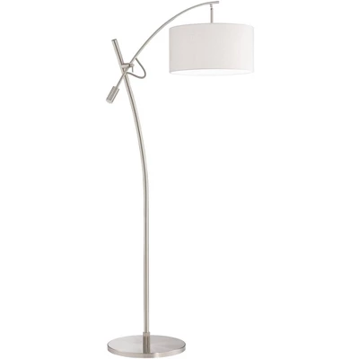 Possini Euro Design Modern Arc Floor Lamp 69" Tall Brushed Steel Adjustable Boom Off White Linen Drum Shade For Living Room Reading Office - Image 4